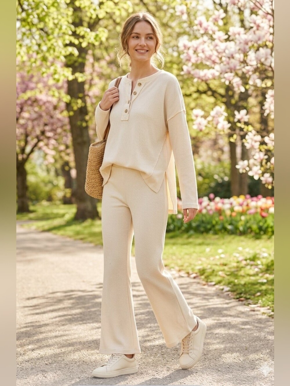 Women's Cream Knit Henley Long-Sleeve And Pant Lounge Set Size M